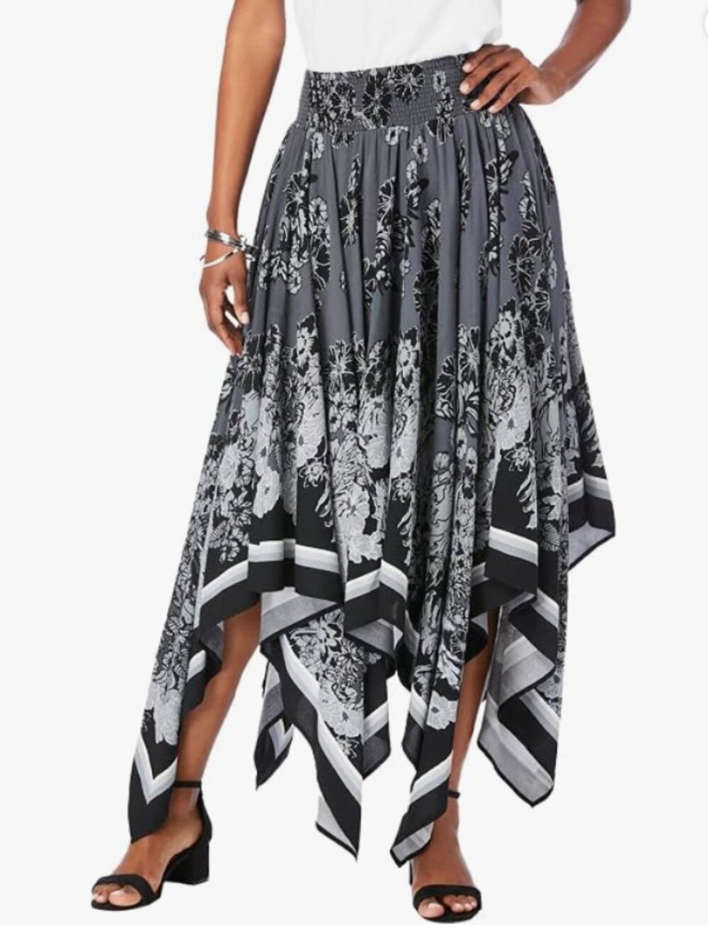 Roaman's Handkerchief Hem Skirt - 28 W, Black Floral Scarf
